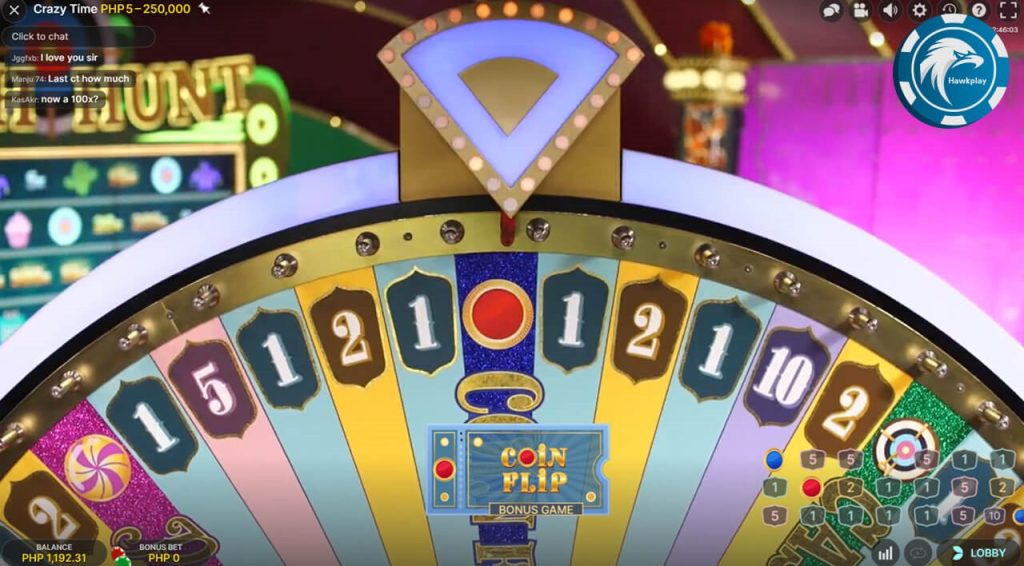 the wheel stops at the red and blue "Coin Flip"