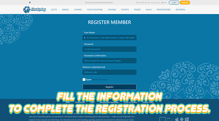 Hawkplay Casino Register steps in Website